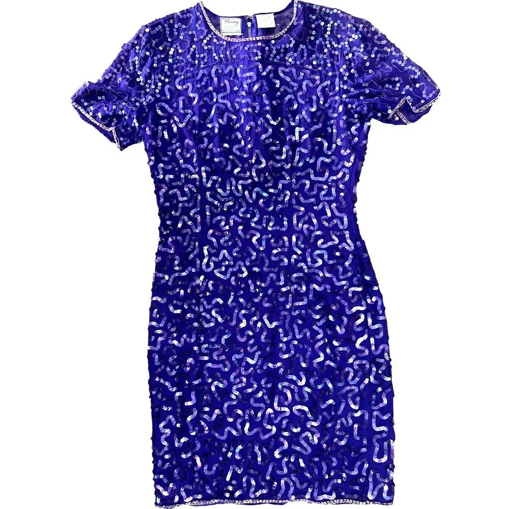 All Silk Vintage Dress by Stenay Size 4 Purple Sequin Cocktail Party Glam Core - Picture 9 of 13